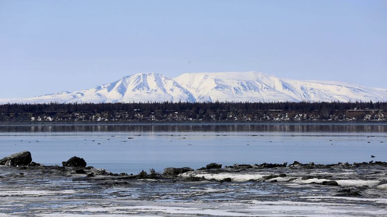 Mount Susitna, which is also known as Sleeping Lady, is shown Friday, April 16, 2021, on the other side of Cook Inlet from downtown Anchorage, Alaska.