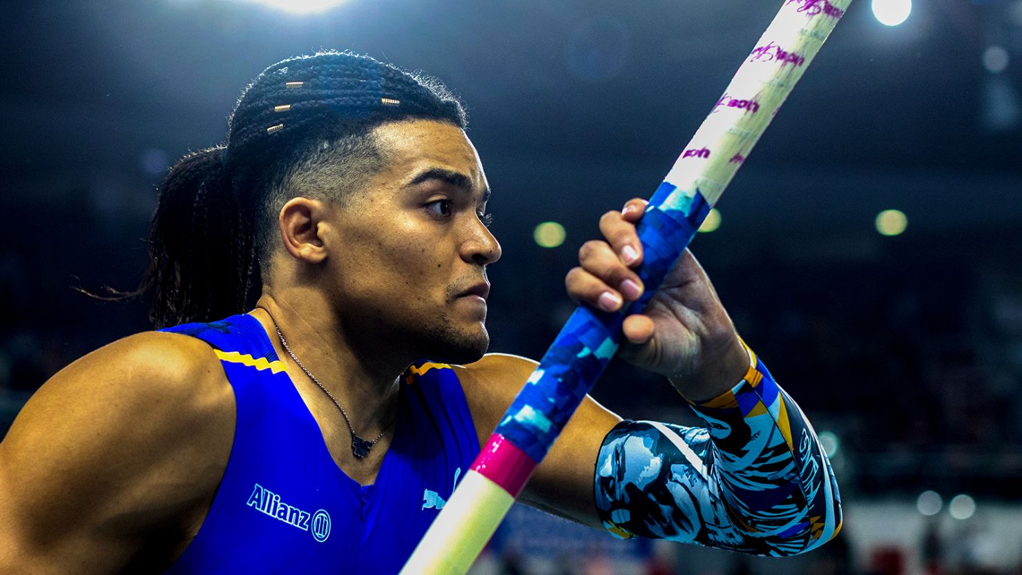 Emmanuel Karalis of Greece, whose mother is Ugandan and whose father is Greek, competing in a men's pole vault event in Torun, Poland in February.