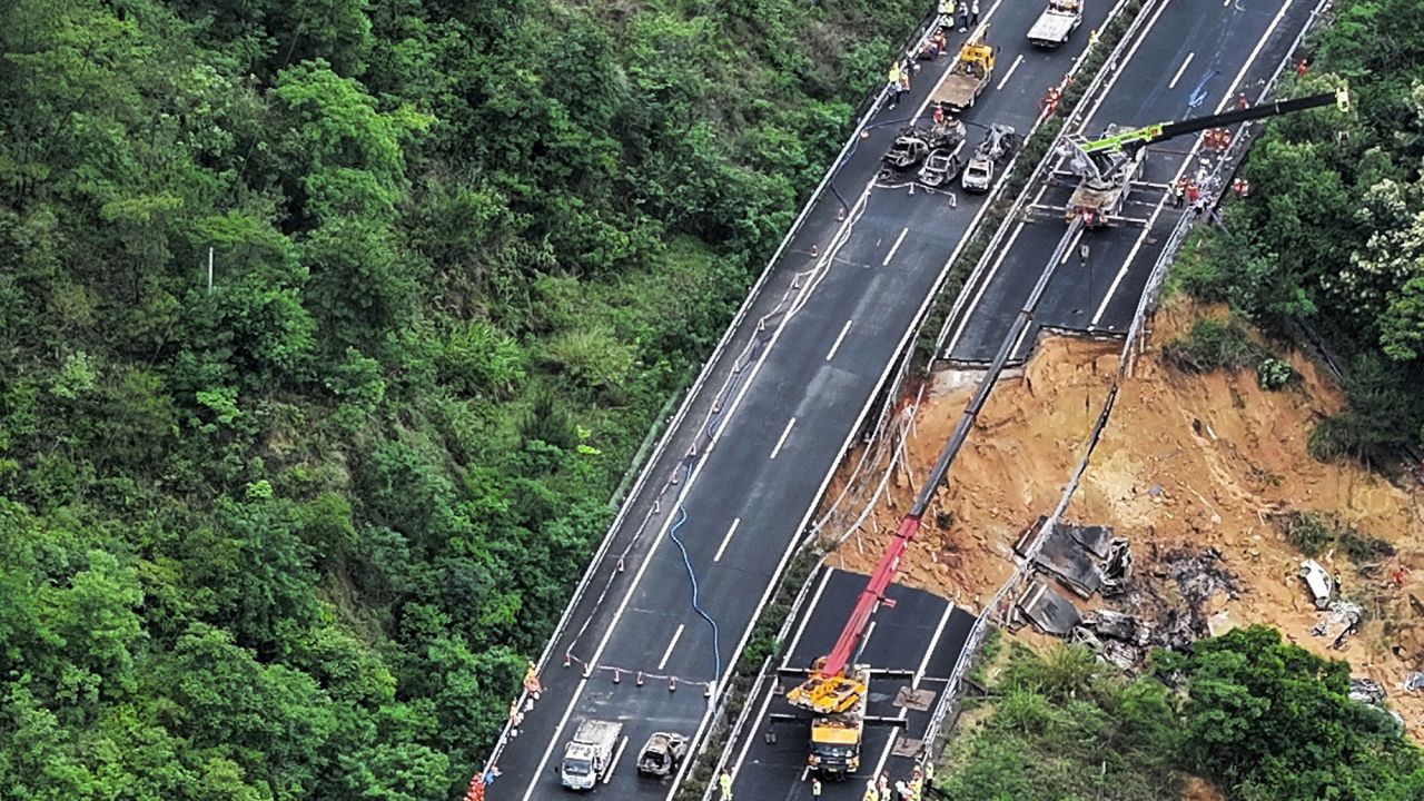 In this photo released by Xinhua News Agency, an aerial photo shows rescuers work at the site of a collapsed road section of the Meizhou-Dabu Expressway in Meizhou, south China's Guangdong Province, Wednesday, May 1, 2024. A section of a highway collapsed early Wednesday in southern China leaving more than a dozen of people dead, local officials said, after the area had experienced heavy rain in recent days. (Xinhua News Agency via AP)