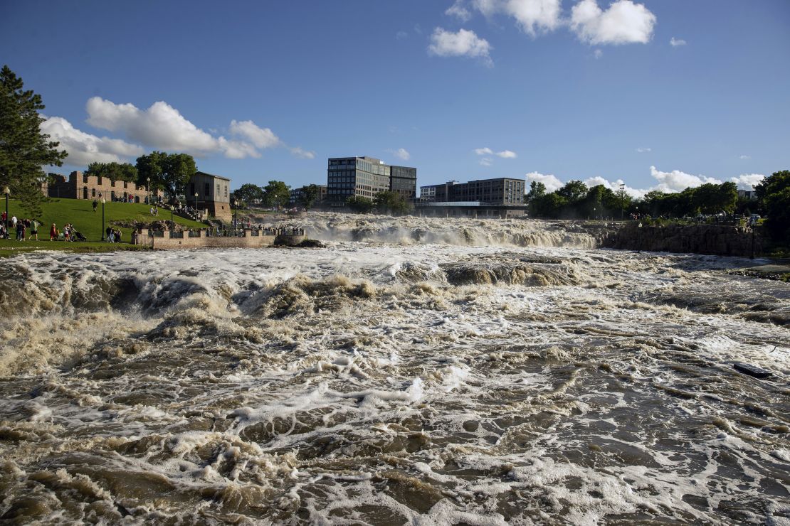 Falls Park in Sioux Falls, South Dakota, was underwater Saturday after days of heavy rain led to flooding in the area.