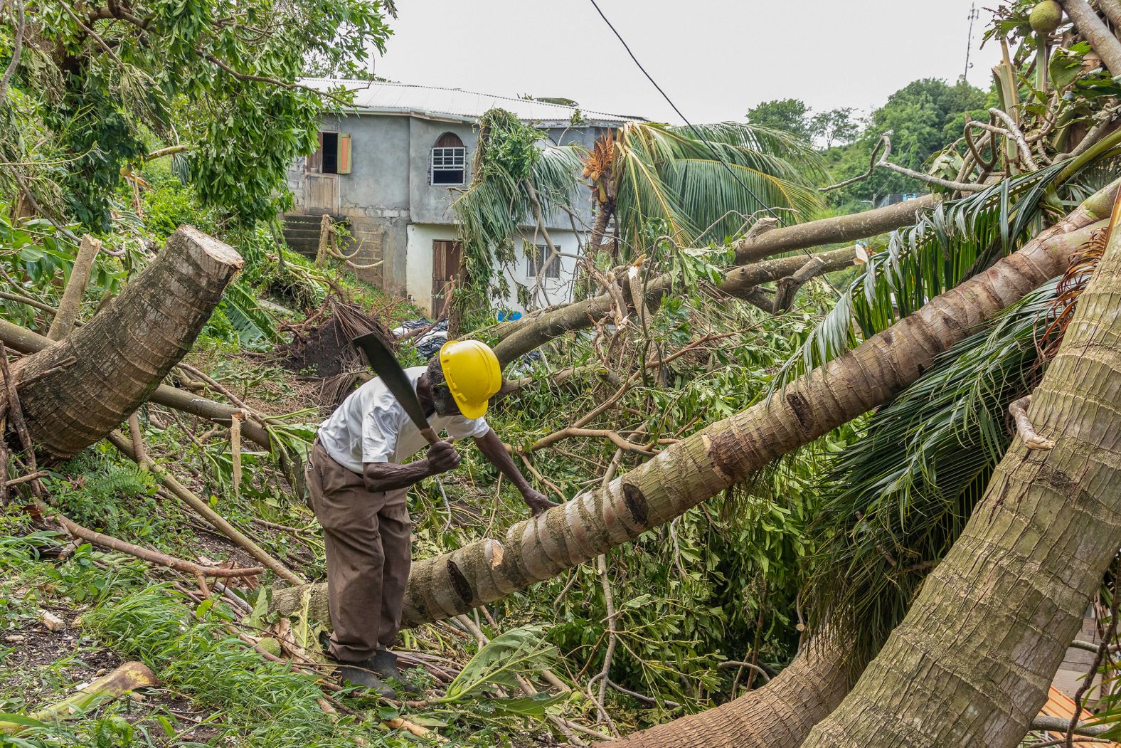 Pastor Winston Alleyne clears trees felled by Hurricane Beryl in St. Vincent and the Grenadines on Tuesday.