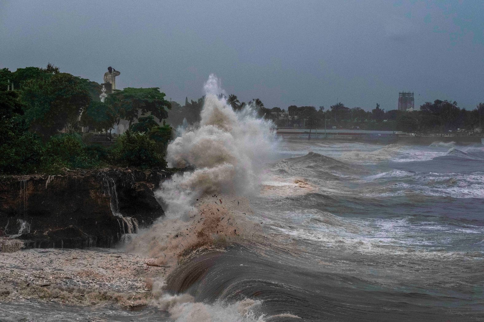 Waves from Hurricane Beryl hit the seawall in Santo Domingo, Dominican Republic, on Tuesday.
