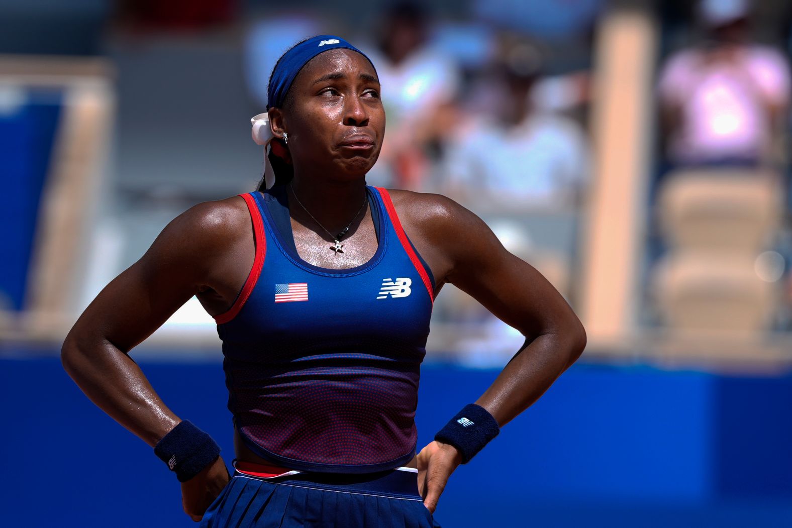 US tennis star Coco Gauff cries after arguing with chair umpire Jaume Campistol during the second set of her match against Croatia’s Donna Vekić on July 30. Gauff was facing a break point when a line call, initially called out, was overruled by Campistol. <a href="https://www.cnn.com/2024/07/30/sport/coco-gauff-paris-olympics-tennis-spt-intl">Vekić went on to win 7-6, 6-2</a>.