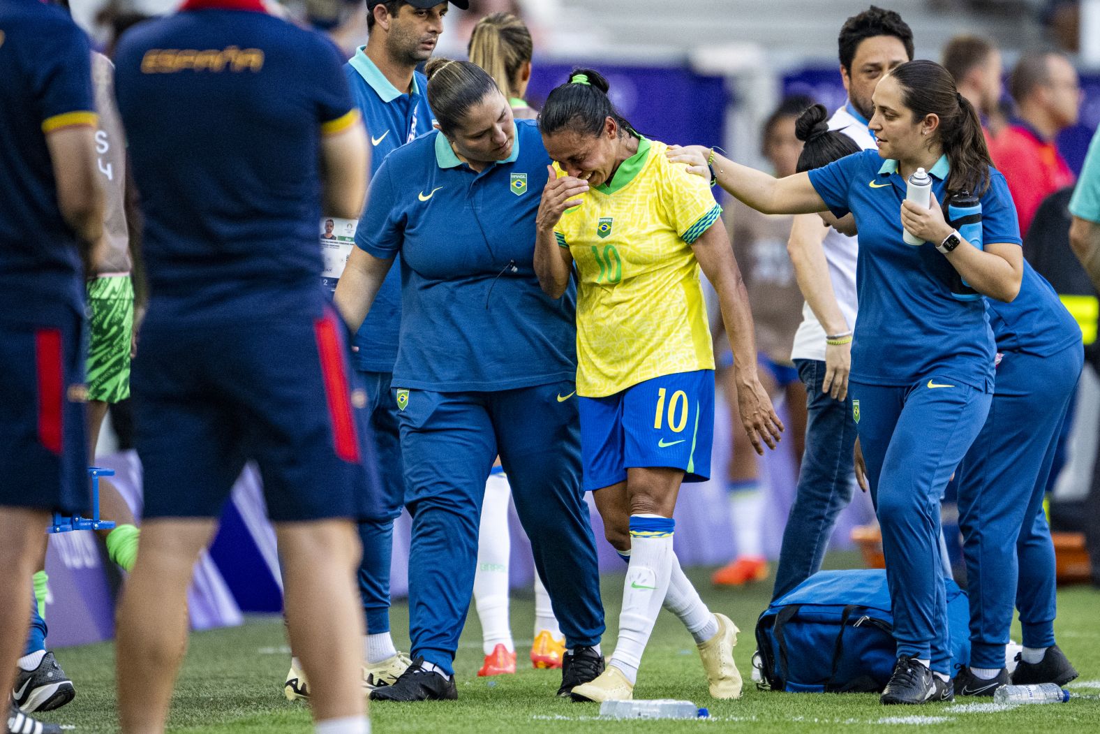 Brazilian soccer legend Marta leaves the field in tears after <a href="https://www.cnn.com/sport/live-news/paris-olympics-news-2024-07-31#h_873326d08887da673ab3c914377af0da">receiving a red card</a> during a match against Spain on July 31. She was sent off for a reckless and dangerous challenge on Olga Carmona. Marta, a six-time FIFA World Player of the Year, has said she’s retiring from international play following this tournament, so the red card could mark an ignominious end to her glittering national team career.