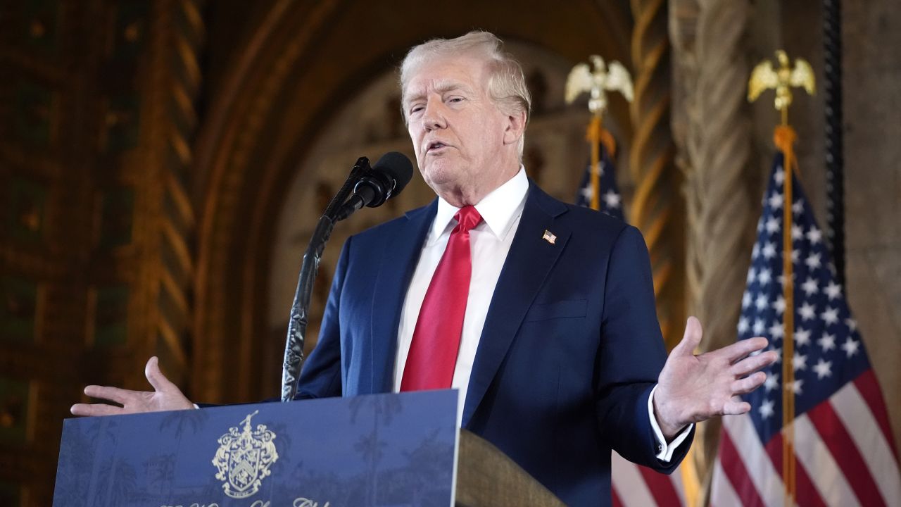 President Donald Trump speaks to reporters at his Mar-a-Lago resort in Palm Beach, Florida, on August 8, 2024.