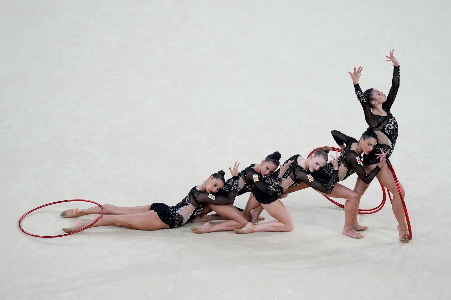 Spain's rhythmic gymnastics team performs its hoop exercise in the all-around event on August 9.