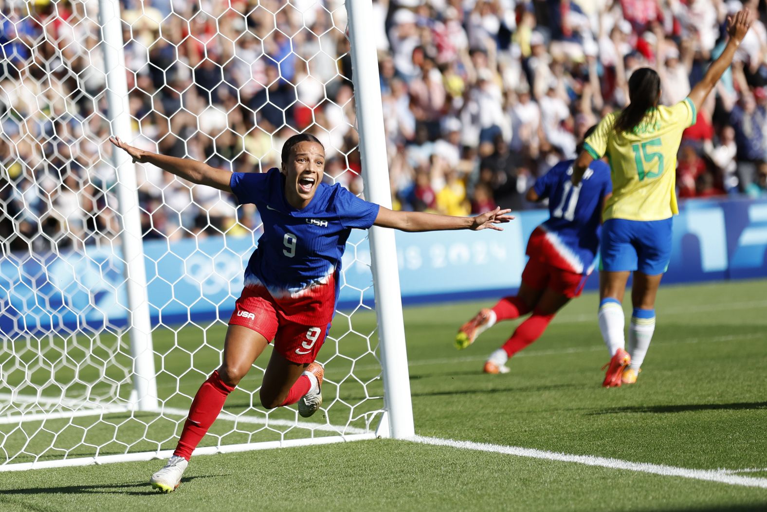 The United States' Mallory Swanson celebrates after scoring a goal against Brazil in the women's soccer final on August 10. The Americans won 1-0 to <a href="https://www.cnn.com/2024/08/10/sport/usa-brazil-womens-soccer-paris-olympics-spt-intl/">claim the gold medal</a>.