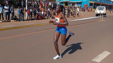 Rebecca Cheptegei, competes at the Discovery 10km road race in Kapchorwa, Uganda on January 20, 2023.