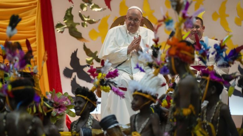 Pope Francis attends a traditional dance performed by the Caritas Technical Secondary School pupils in Port Moresby on Saturday, Sept. 7, 2024. As a second leg of his 11-day trip to Asia and Oceania Pope Francis's visit to Papua New Guinea will take him to a remote part of the South Pacific island nation where Christianity is a recent addition to traditional spiritual beliefs developed over millennia.