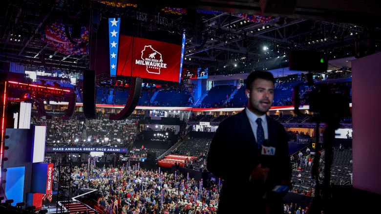 A TV reporter at the scene of the Republican National Convention at Fiserv Forum in Milwaukee, Wisconsin, on July 15, 2024.