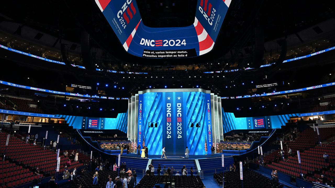 The stage is set for the start of the Democratic National Convention in Chicago on August 18, 2024.