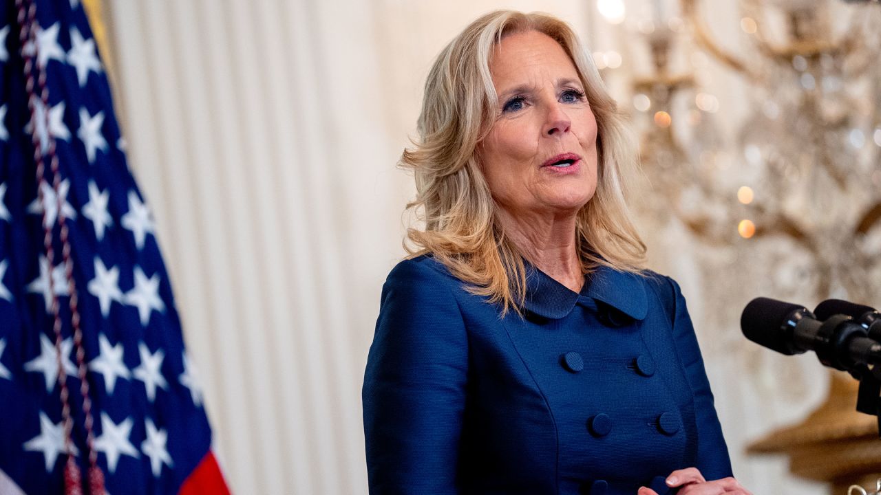 First lady Jill Biden speaks during a World War I remembrance event in the East Room of the White House on May 7, 2024 in Washington, DC. 