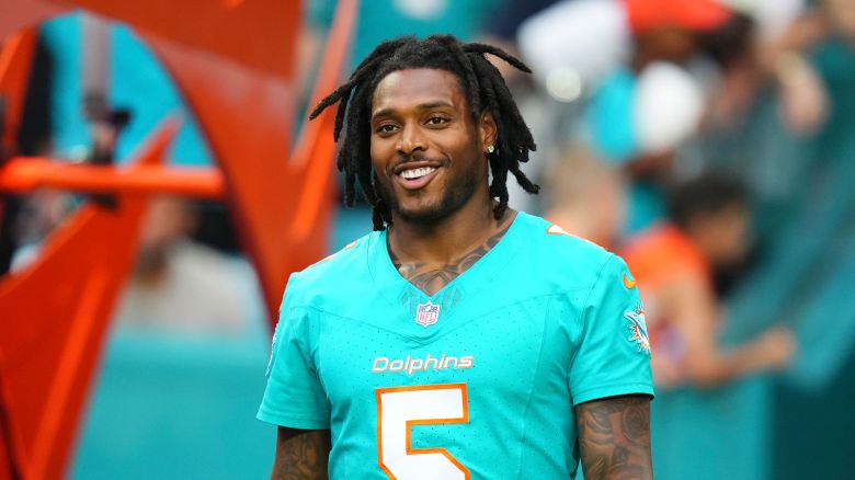 Jalen Ramsey #5 of the Miami Dolphins enters the filed prior to a preseason game against the Atlanta Falcons at Hard Rock Stadium on August 09, 2024 in Miami Gardens, Florida.