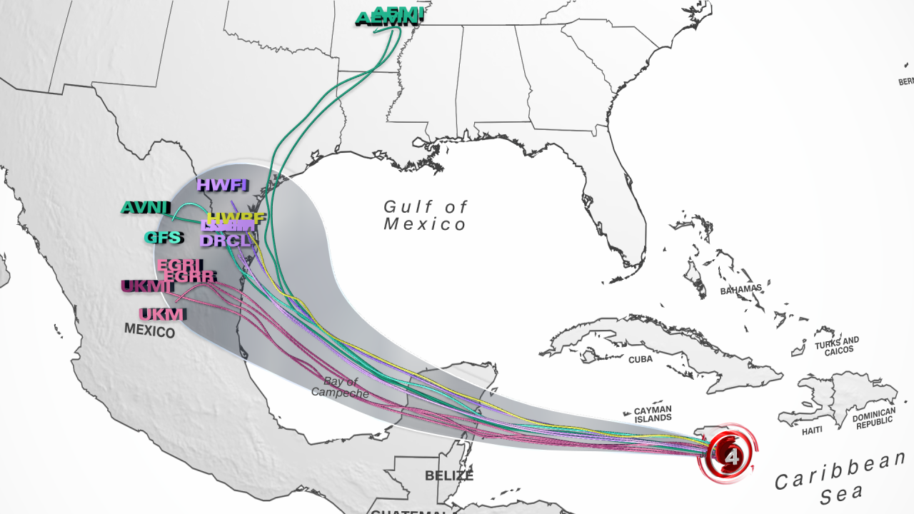 Several different computer forecast models (colored lines) are overlaid on the National Hurricane Center forecast cone (grey outline) for Beryl. Each colored line represents a different way the center of Beryl may track into early next week.