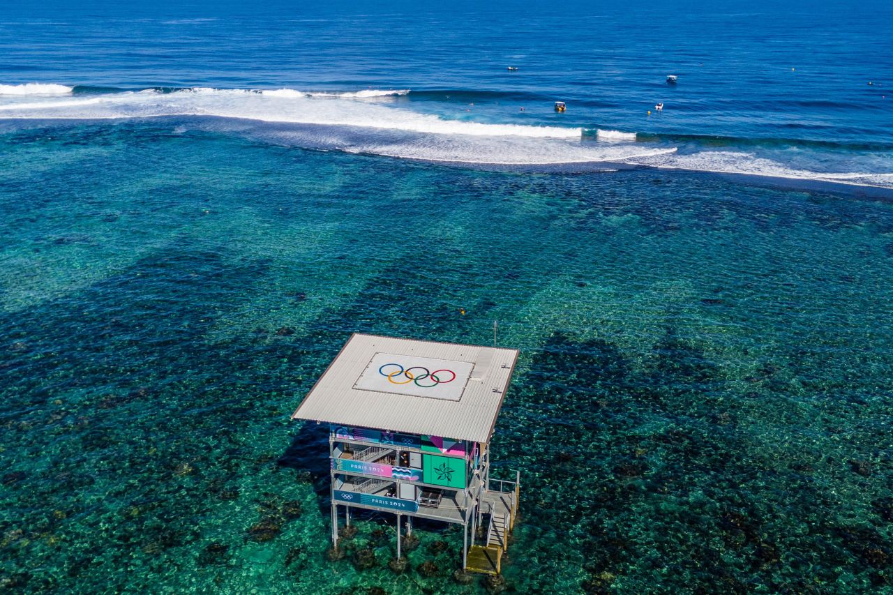 The judging tower is pictured during a surfing training session in Teahupo'o, Tahiti, on July 18. 