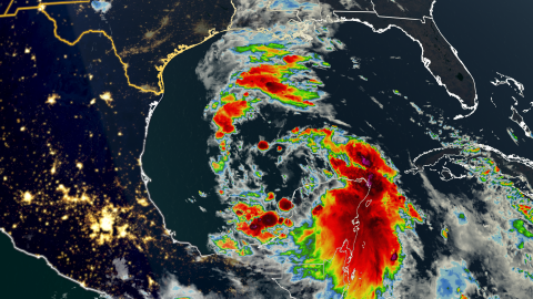 Satellite imagery shows areas of thunderstorms in the Gulf of Mexico Tuesday morning as the first tropical system of the year brews.