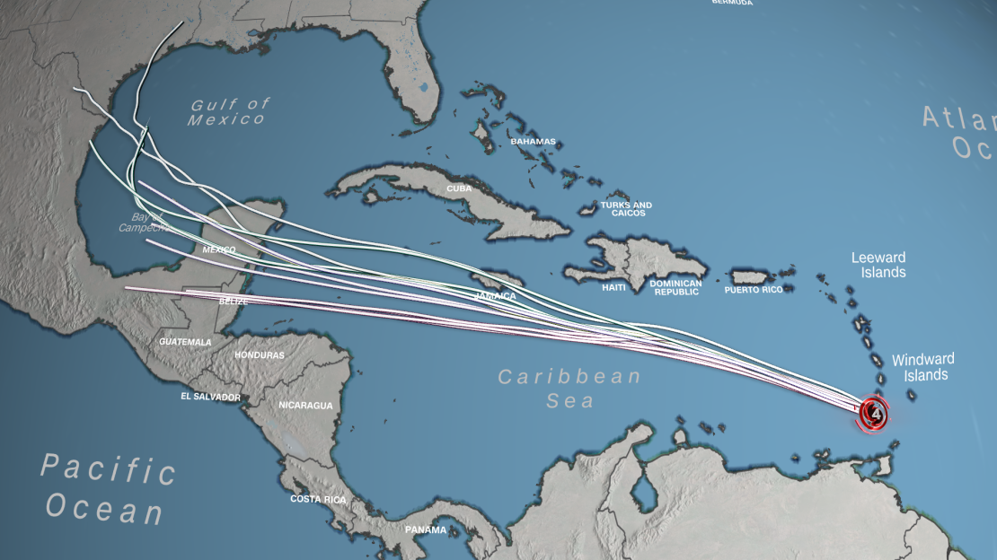 Each line represents a different forecast model predicting where Beryl could track through the weekend. The space between the lines shows how much uncertainty there is in Beryl's track -- more space, more uncertainty. Its path is most uncertain after it makes landfall in The Yucatan.