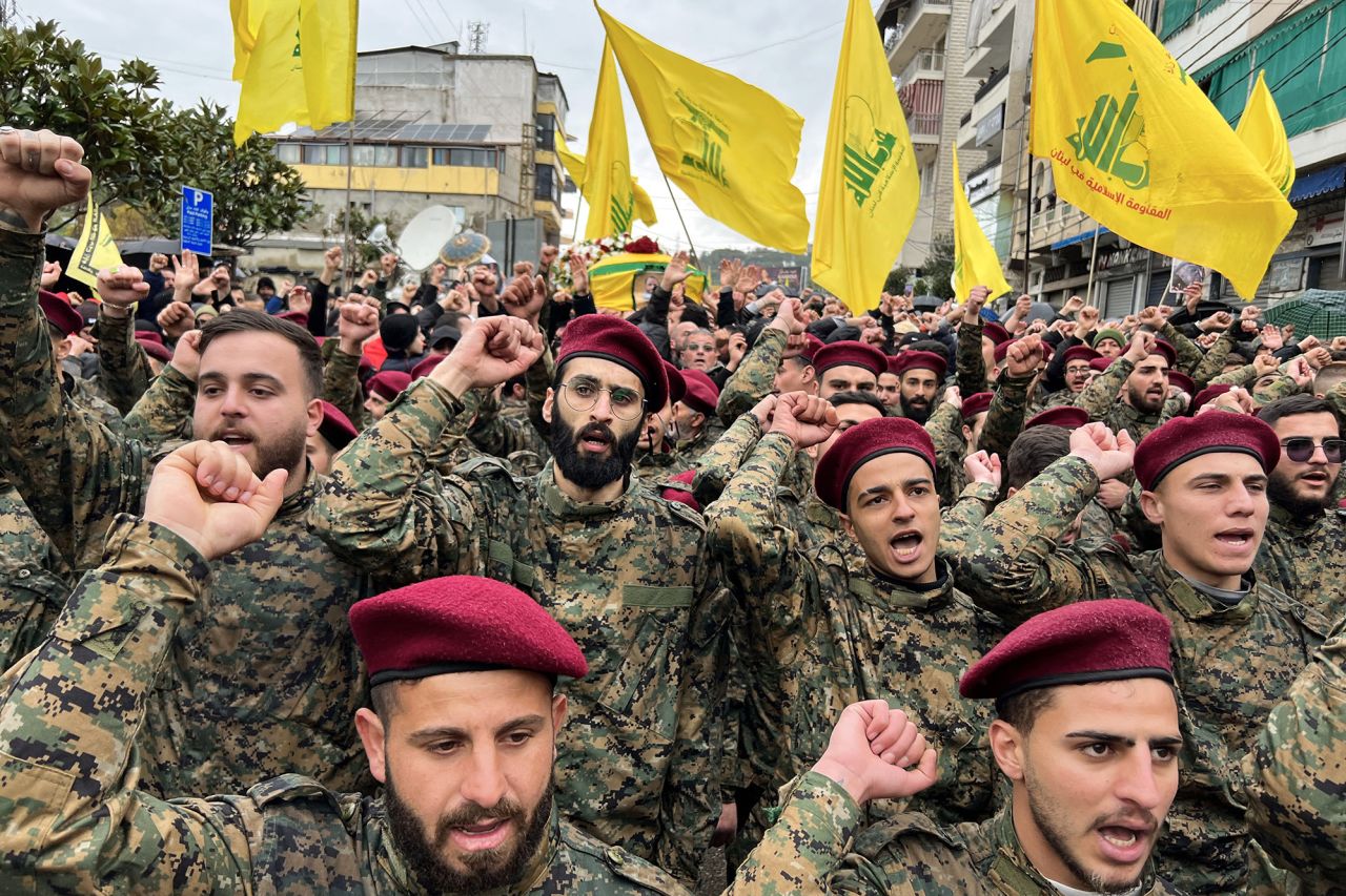 Hezbollah members and supporters attend a funeral in Lebanon's southern city of Nabatieyh on February 16.