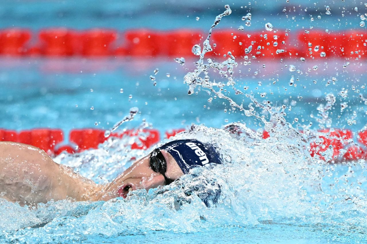 Germany's Lukas Maertens competes in the final of the men's 400-meter freestyle at La Défense Arena in Nanterre, France, on July 27. 