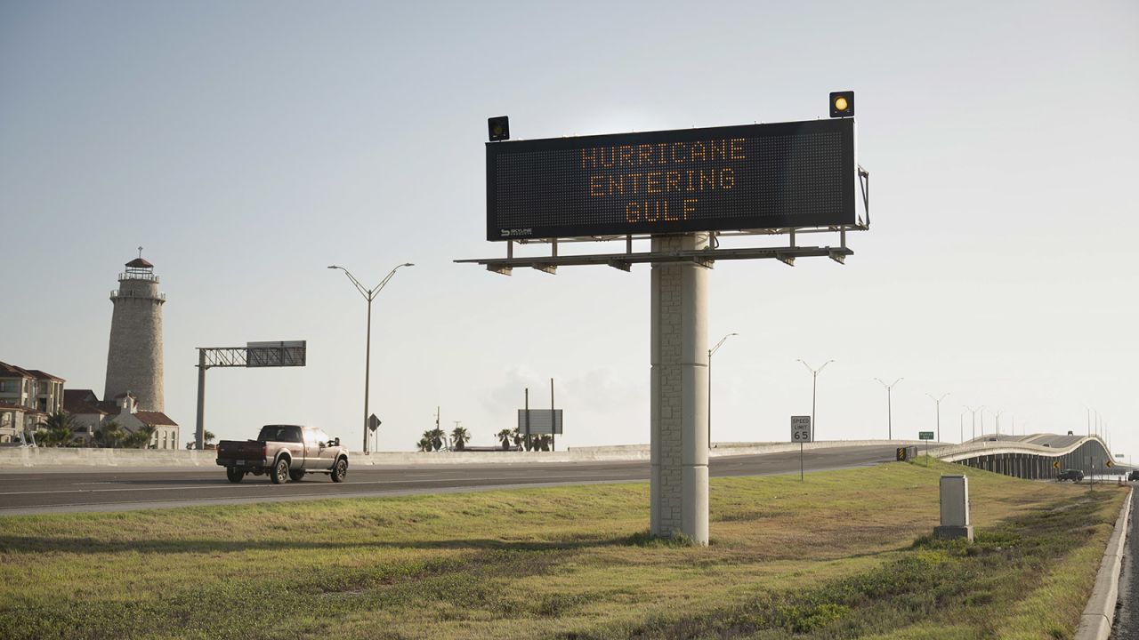 A traffic sign on US Highway 181 warns drivers ahead of Hurricane Beryl's landfall in Corpus Christi, Texas, July 6.