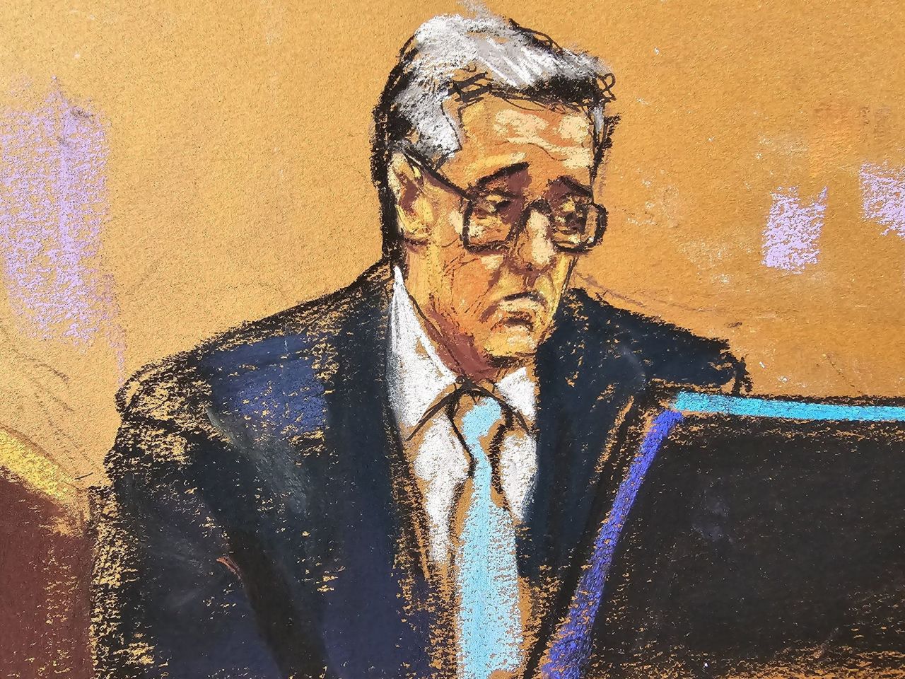 This sketch shows Michael Cohen, right, in court on Tuesday, May 14, in New York. 