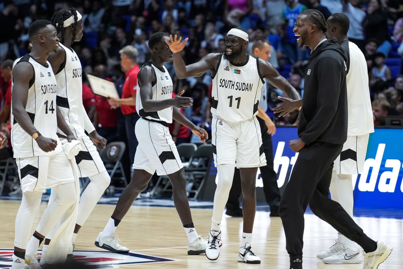 Marial Shayok of South Sudan celebrates during a game against Team USA in London, England on July 20.