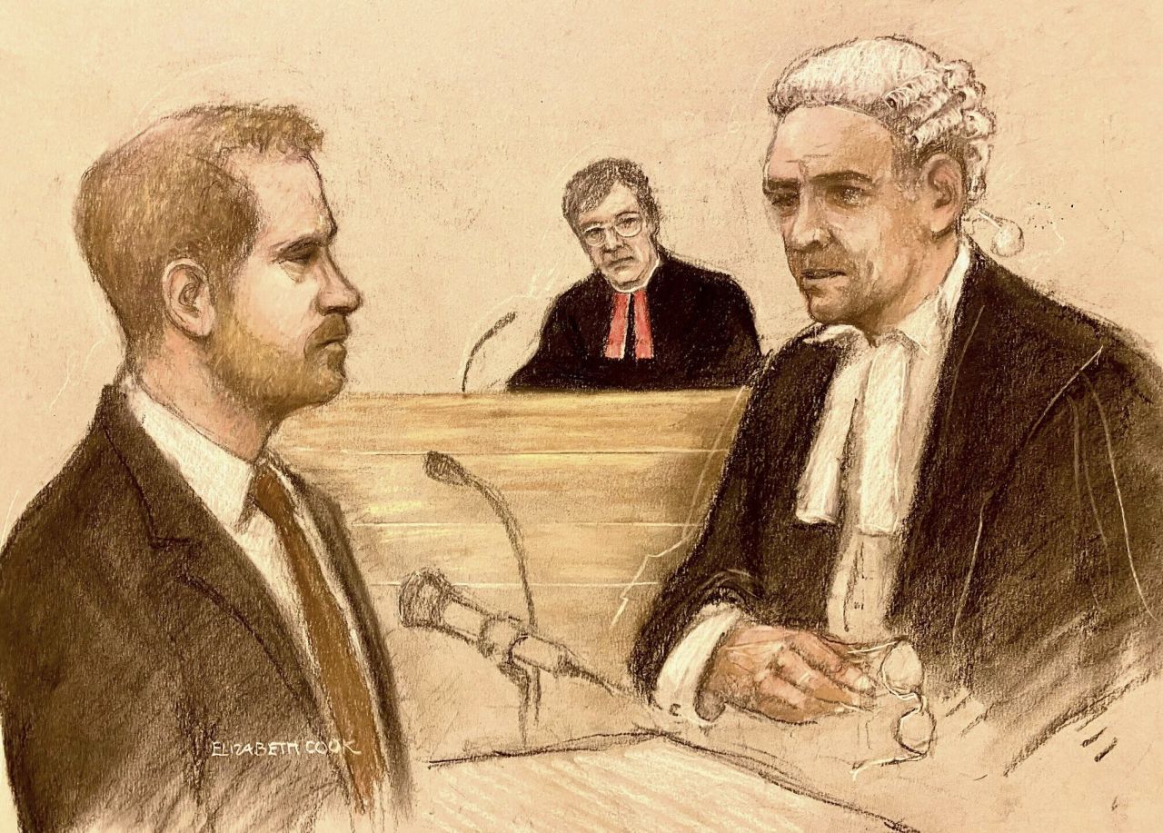 A court sketch depicts Prince Harry being cross examined by the lawyer for Mirror Group Newspapers, Andrew Green, as he gives evidence at the Rolls Buildings in London, on Tuesday, June 6. 