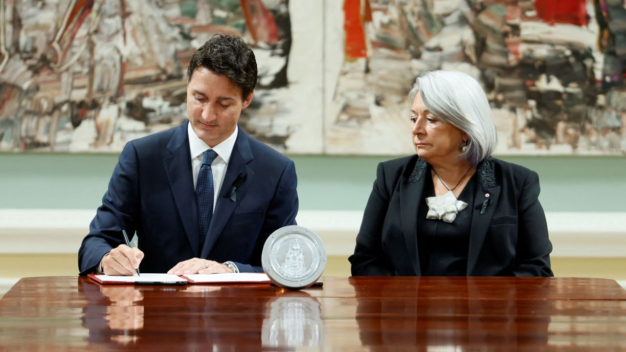 Canadian Prime Minister Justin Trudeau and Governor General Mary Simon take part in a ceremony to proclaim the accession of King Charles III on Saturday.