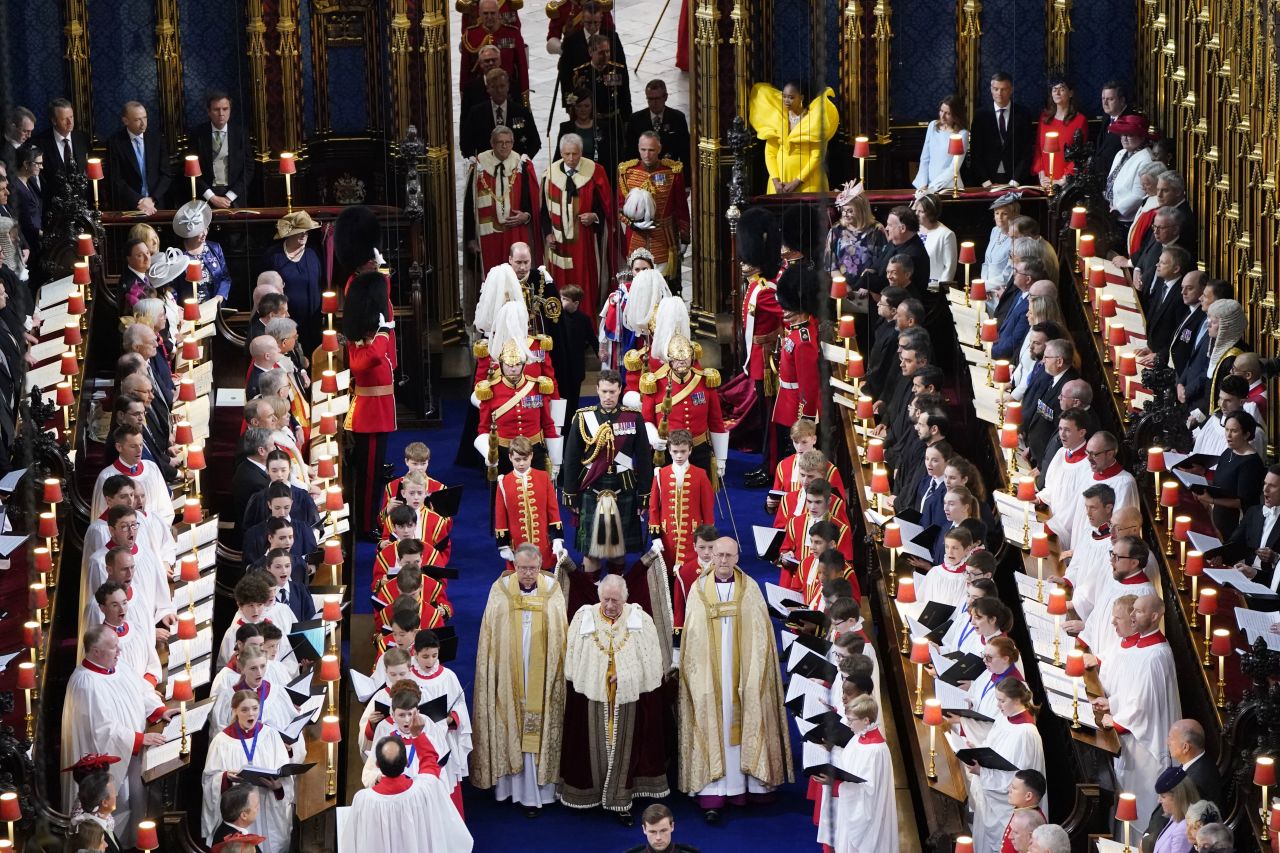 King Charles III arrives for his coronation ceremony at Westminster Abbey in London on Saturday.