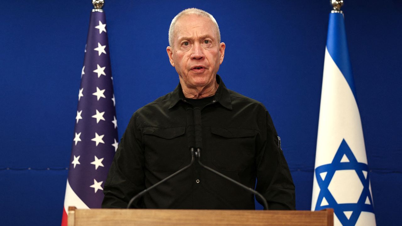 Israeli Defense Minister Yoav Gallant speaks during a joint press conference at Israel's Ministry of Defense in Tel Aviv, Israel, on December 18.