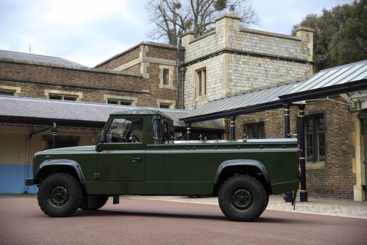 The Land Rover that will be used to transport the coffin of Prince Philip is displayed at Windsor Castle, on April 15.