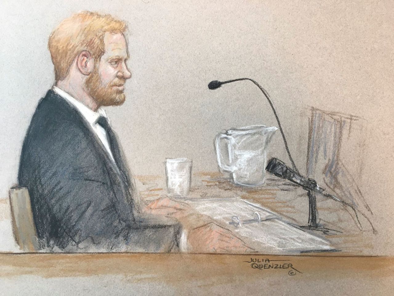 Prince Harry sits at the High Court in London in this courtroom sketch released on Tuesday.