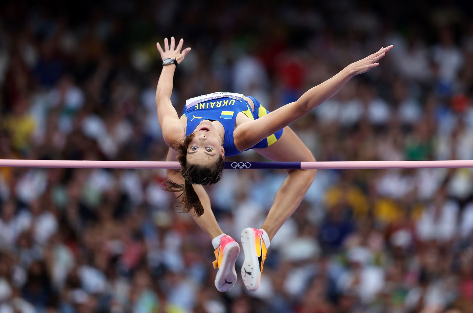 Ukrainian high jumper Yaroslava Mahuchikh clears the bar <a href="https://www.cnn.com/sport/live-news/paris-olympics-news-2024-08-04#h_d6b63cb426b636b9891378f9d06fefdc">on her way to winning gold</a> on August 4.