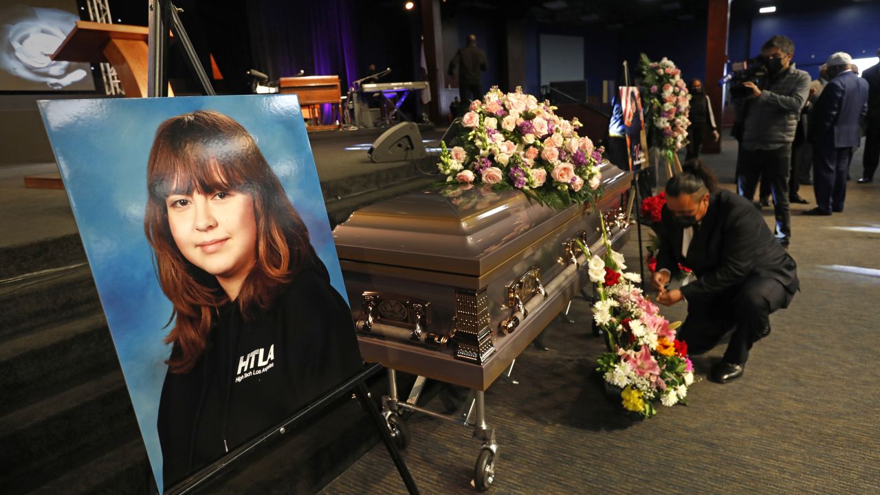 Gardena, California Jan 10, 2021 - The casket of Valentina Orellana Peralta arrives and is placed at City of Refuge Church in Gardena, California, where The Rev. Al Sharpton will officiate and deliver the eulogy later today. Valentina, age 14, was shot by a stray bullet fired by a Los Angeles police officer on Dec. 23, 2021, as she was shopping for clothes with her mother. (Carolyn Cole / Los Angeles Times via Getty Images)