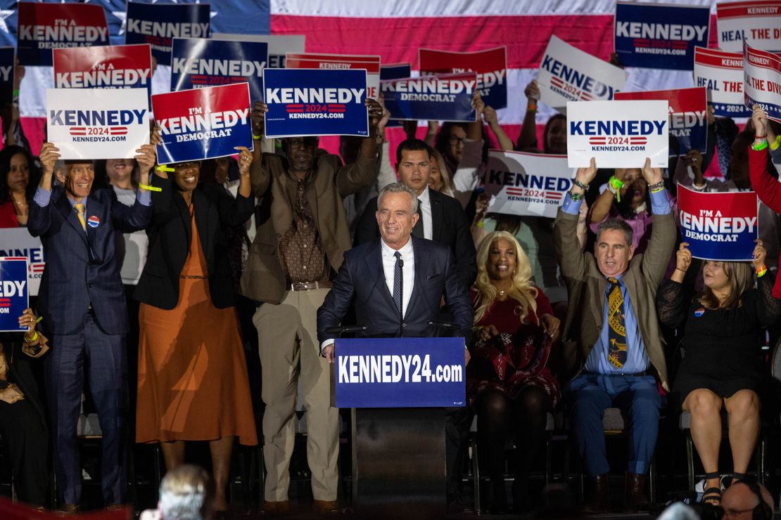 Robert F. Kennedy Jr. officially announces his candidacy for president on April 19, 2023 in Boston, Massachusetts. Kennedy initially challenged Biden for the Democratic nomination, before switching to an independent bid.