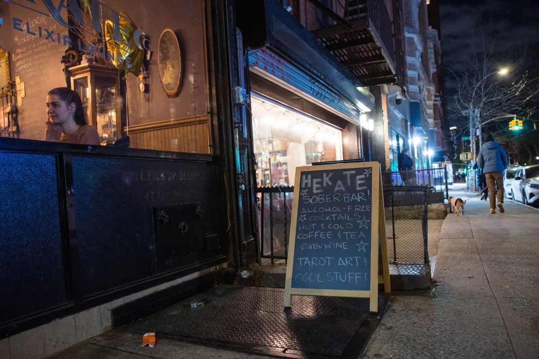 NEW YORK, NEW YORK - JANUARY 20: The Hekate Cafe and Elixer Lounge is seen on January 20, 2023 in New York City. Alcohol-free bars, dance parties and âsober curiousâ events in New York City are experiencing an uptick in popularity with people drinking less and looking for alternative solutions to enjoying nightlife not centered around alcohol. (Photo by Michael M. Santiago/Getty Images)