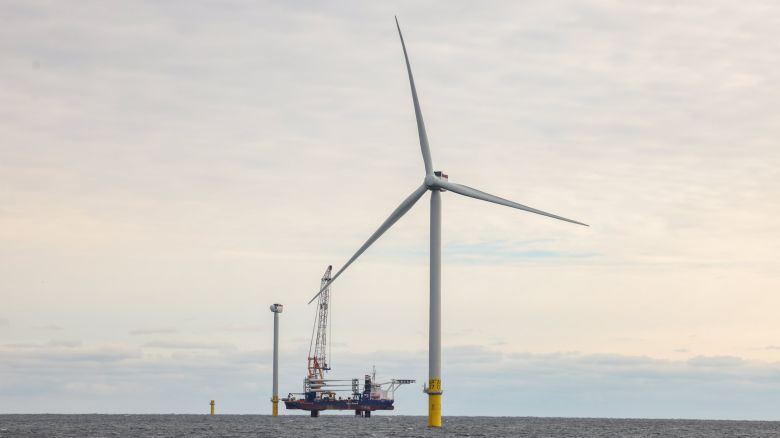 Long Island, N.Y.: An operational wind turbine, along with two under construction behind it, and a lifting barge, are seen in this photo taken at the South Fork Wind Farm in the Atlantic Ocean, on December 7, 2023. (Photo by Steve Pfost/Newsday RM via Getty Images)