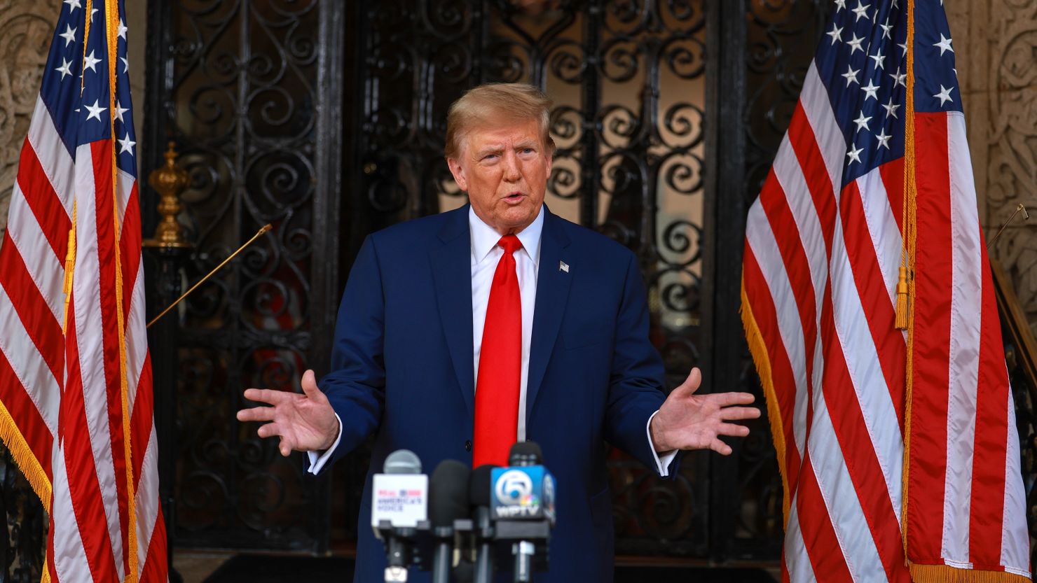 Former President Donald Trump speaks during a press conference held at Mar-a-Lago on February 8, 2024 in Palm Beach, Florida.