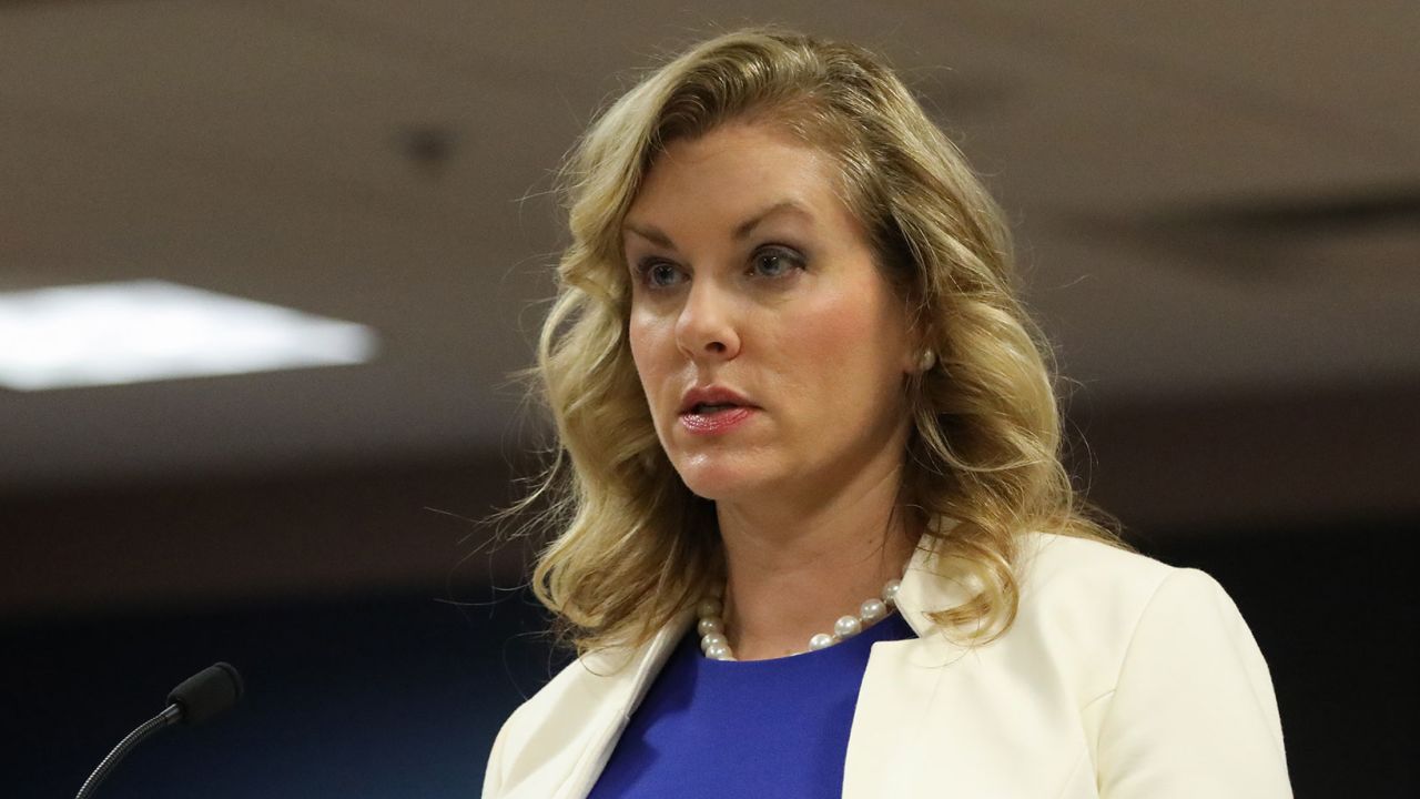 Attorney Ashleigh Merchant speaks during a hearing in the case of the State of Georgia v. Donald John Trump at the Fulton County Courthouse on February 15 in Atlanta.