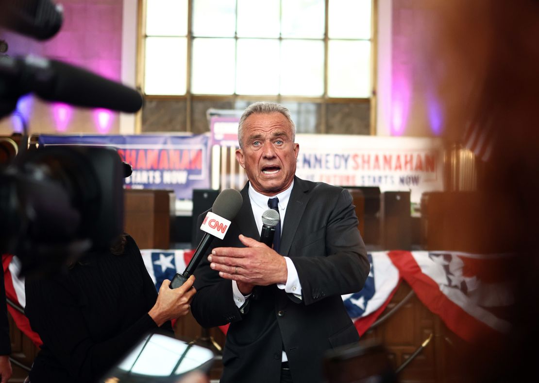 Independent presidential candidate Robert F. Kennedy Jr. speaks to the media at a Cesar Chavez Day event at Union Station in Los Angeles, California on March 30, 2024.