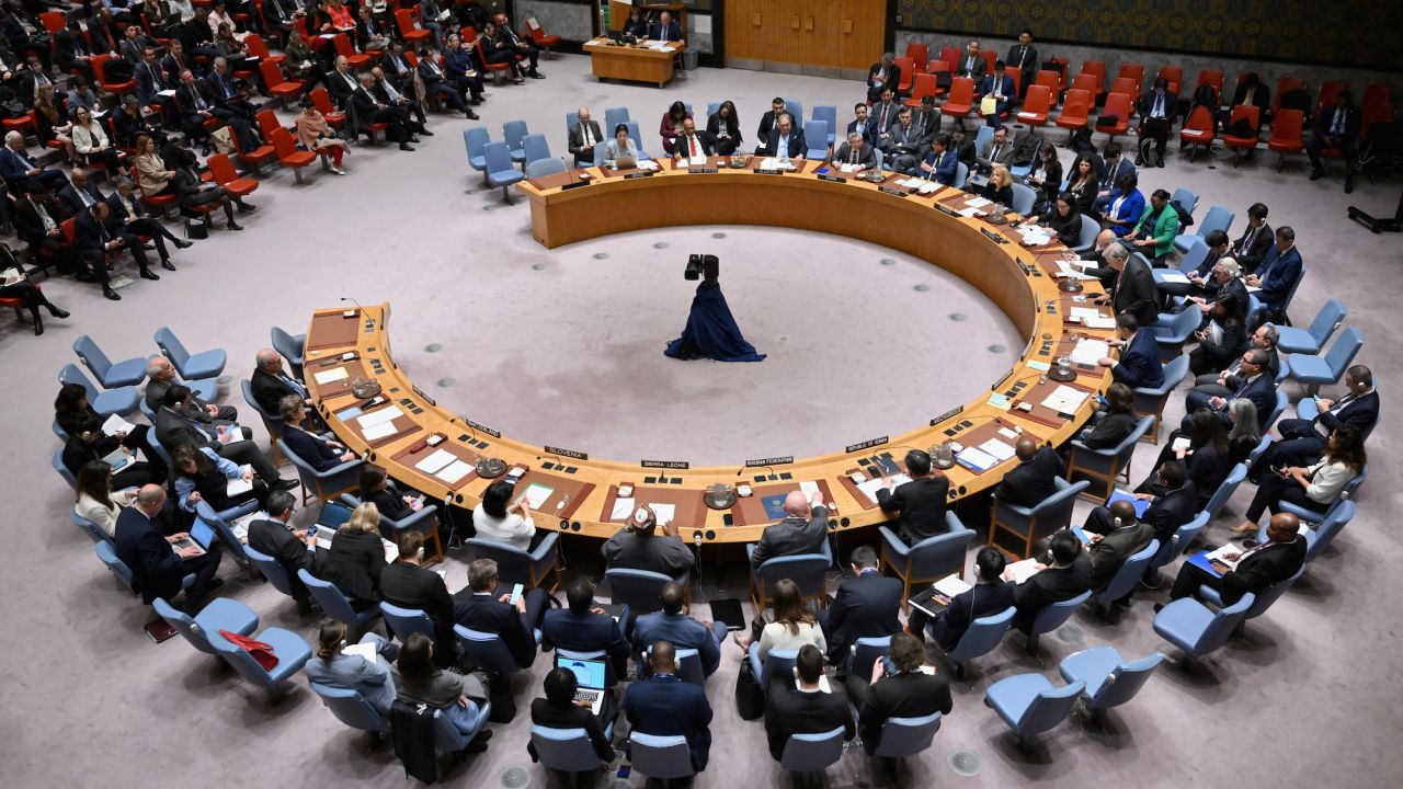 The United Nations Security Council meets on the situation in the Middle East, including the Palestinian question, at UN headquarters in New York City on April 18, 2024. UN Secretary-General Antonio Guterres on Thursday painted a dark picture of the situation in the Middle East, warning that spiraling tensions over the war in Gaza and Iran's attack on Israel could devolve into a "full-scale regional conflict." (Photo by ANGELA WEISS / AFP)