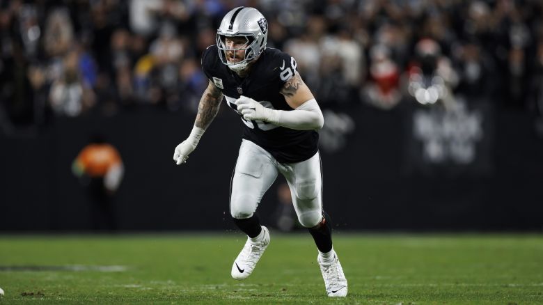 LAS VEGAS, NEVADA - DECEMBER 14: Maxx Crosby #98 of the Las Vegas Raiders runs around the edge during an NFL football game against the Los Angeles Chargers at Allegiant Stadium on December 14, 2023 in Las Vegas, Nevada. (Photo by Ryan Kang/Getty Images)