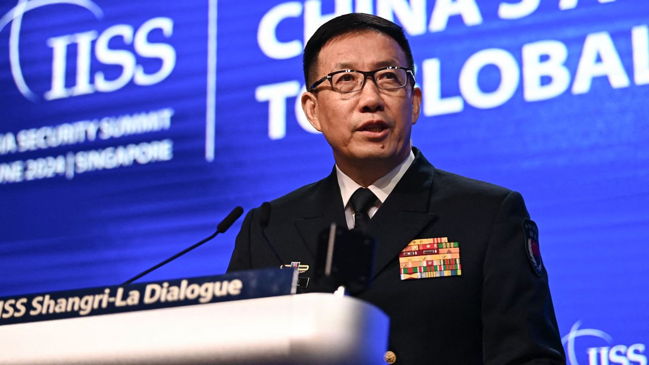 China's Defence Minister Dong Jun speaks during the 21st Shangri-La Dialogue summit at the Shangri-La Hotel in Singapore on June 2, 2024.