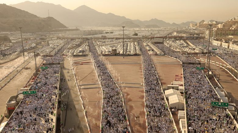 Muslim pilgrims arrive to perform the symbolic 'stoning of the devil' ritual as part of the hajj pilgrimage in Mina, near Saudi Arabia's holy city of Mecca, on June 16, 2024. Pilgrims perform the last major ritual of the hajj, the "stoning of the devil", in western Saudi Arabia on June 16, as Muslims the world over celebrate the Eid al-Adha holiday.