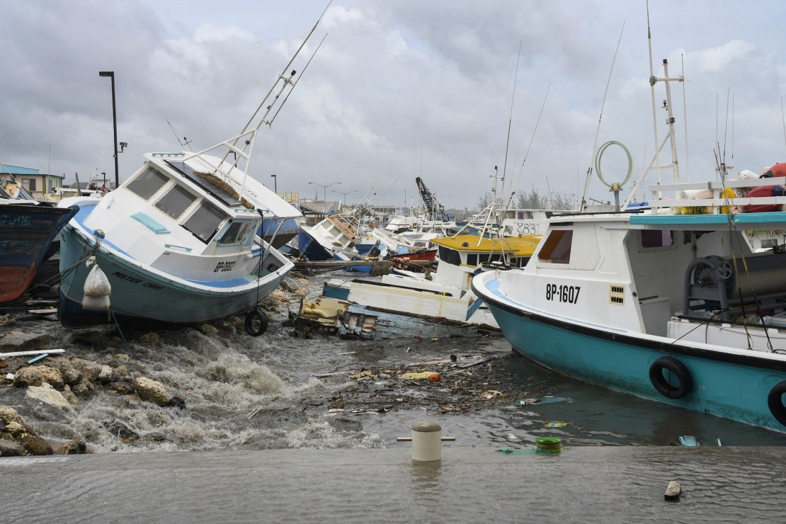 Damaged fishing boats rest on the shore after the passing of Hurricane Beryl at the Bridgetown Fish Market, Bridgetown, Barbados on July 1.