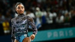 Simone Biles is seen prior to the artistic gymnastics women's qualification during the Paris 2024 Olympic Games at the Bercy Arena in Paris, on July 28, 2024.