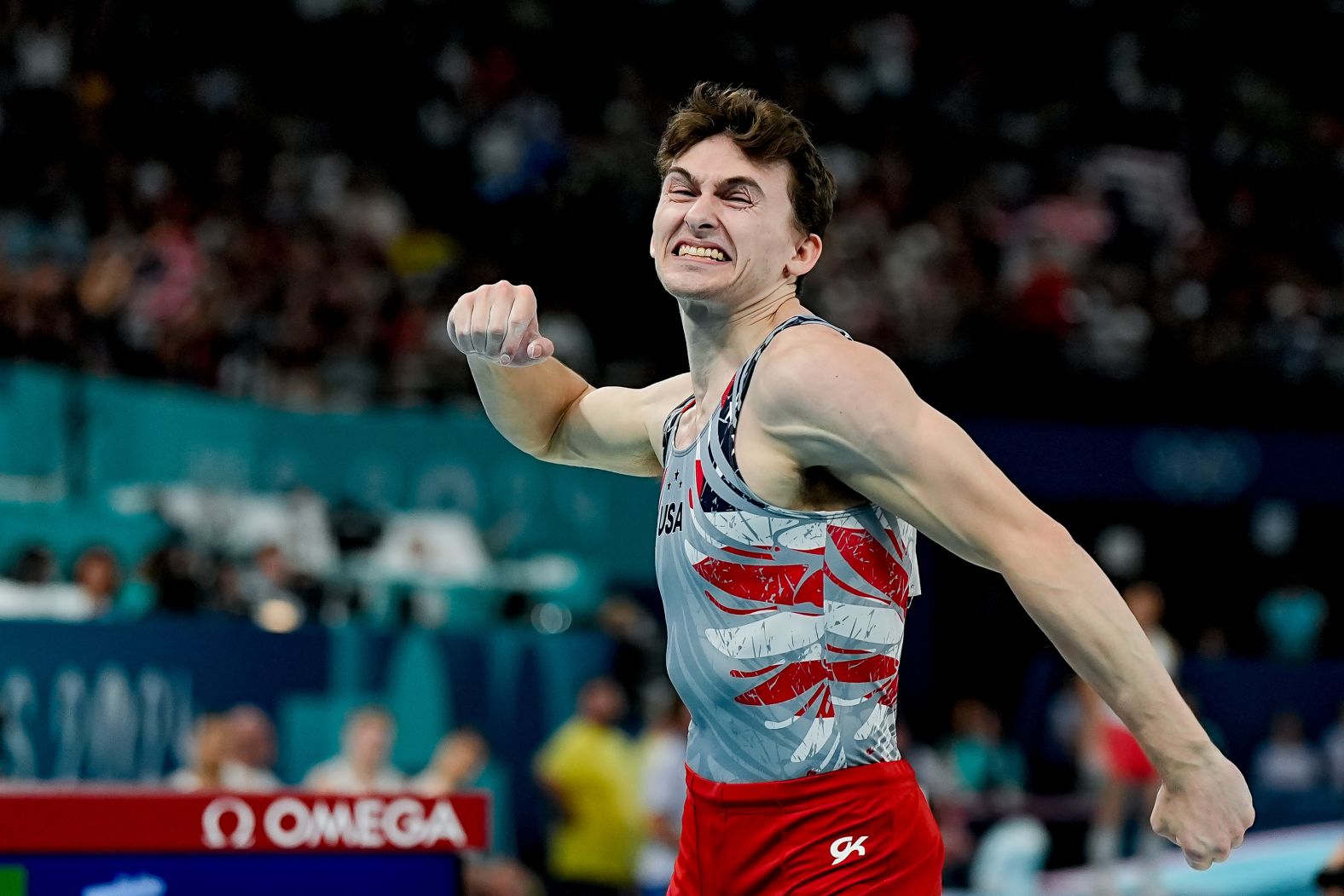 American gymnast Stephen Nedoroscik celebrates after his pommel horse performance on July 29. Nedoroscik, nicknamed the “Clark Kent” of Team USA for his bespectacled appearance before competing, would later <a href="https://www.cnn.com/sport/live-news/paris-olympics-news-2024-08-03#h_60cd16433630c675f20d9dbb8a2f2181">win a second bronze medal</a> in the individual pommel horse event.