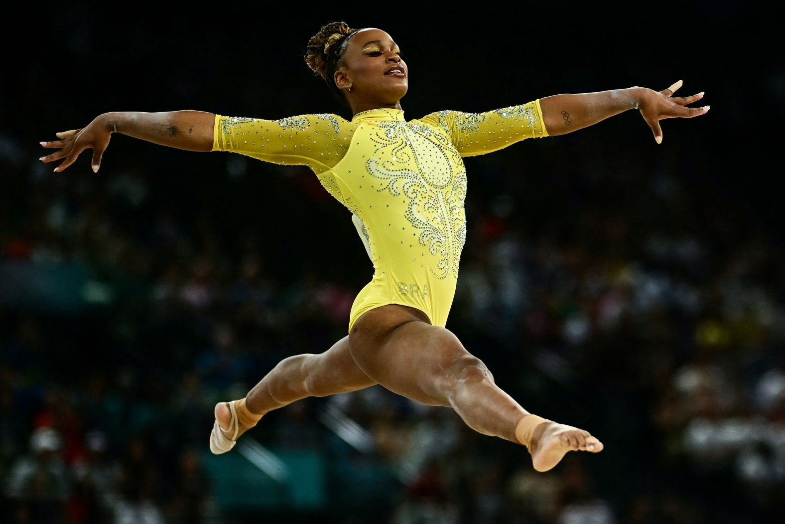 Brazilian gymnast Rebeca Andrade competes in the floor exercise during the individual all-around on August 1. <a href="https://www.cnn.com/sport/live-news/paris-olympics-news-2024-08-01-24#h_e051f40c32497a89e6913a7ab3537e81">Andrade won the silver</a> for the second straight Olympics.