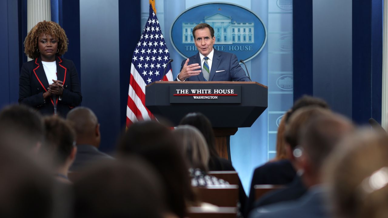 WASHINGTON, DC - JULY 31: National Security Communications Advisor John Kirby speaks as White House Press Secretary Karine Jean-Pierre listens during a daily press briefing at the James Brady Press Briefing Room of the White House on July 31, 2024 in Washington, DC. Kirby discussed the killing of Hamas' top leader Ismail Haniyeh in Tehran, Iran by an Israeli airstrike.  (Photo by Alex Wong/Getty Images)