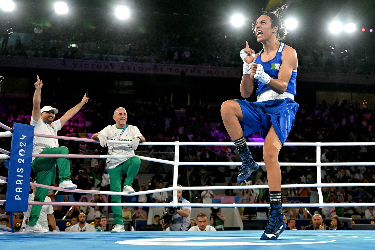 Algerian boxer Imane Khelif celebrates after <a href="https://www.cnn.com/sport/live-news/paris-olympics-news-2024-08-06#h_2b5d522560b4ed2b12bf0157c1dd6546">she defeated Thailand’s Janjaem Suwannapheng</a> in a welterweight semifinal on August 6.